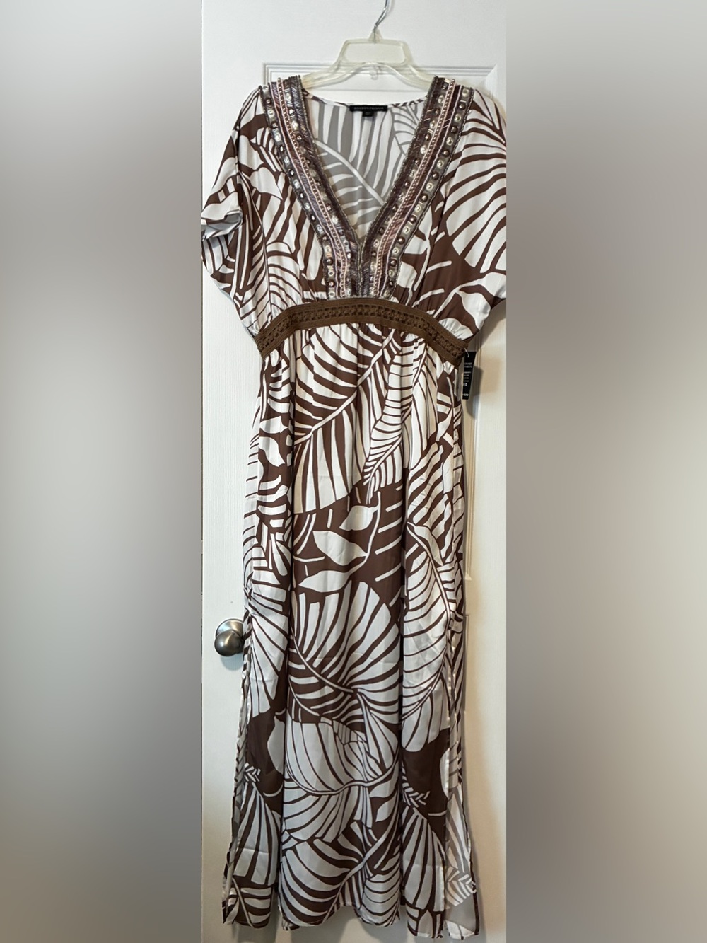 Boston Proper Brown and White Leaf-Print Maxi Dress with Crochet Waist